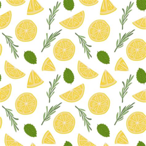 Tropical Seamless Pattern With Yellow Lemons Mint And Rosemary Fruit Repeated Background