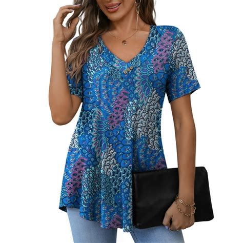 A Jesdani Women S Plus Size Short Sleeve Henley Shirt V Neck Floral Blouses Tunic Tops For Women