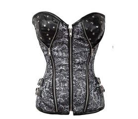 Corset Gothique En Tissu Brocarde Gris Et Simili Cuir Noir Orn De Rivets