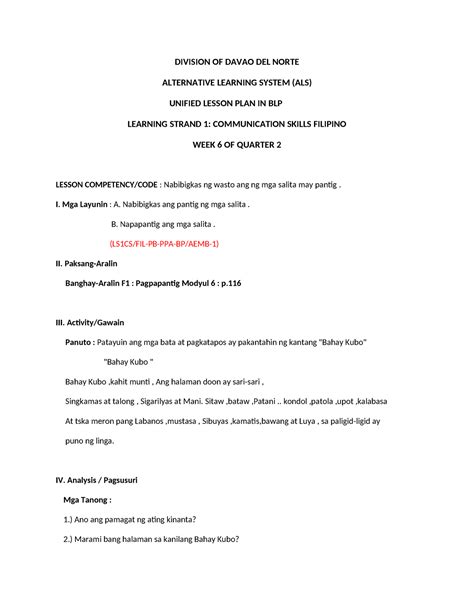 Ls1 Fil Blp Week6 1 Unified Lesson Plan In Ls 1 Filipino Blp Division Of Davao Del Norte