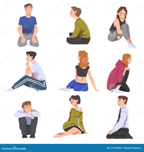 Conjunto De Personas Sentadas En El Suelo En Diferentes Poses Jóvenes