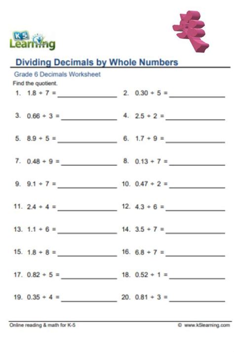 Dividing Decimal Worksheets Grade Math Worksheets Divide