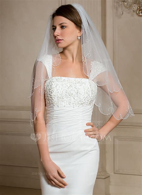 Two Tier Beaded Edge Elbow Bridal Veils With Beading