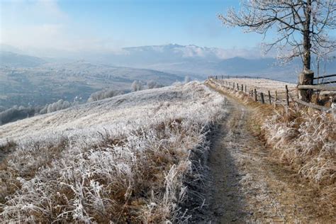 Winter Coming Last Days Of Autumn Morning In Mountain Countryside