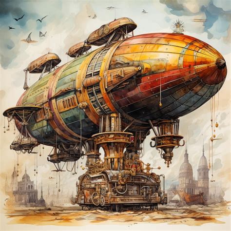 Premium AI Image | painting of a steam powered airship with a clock ...