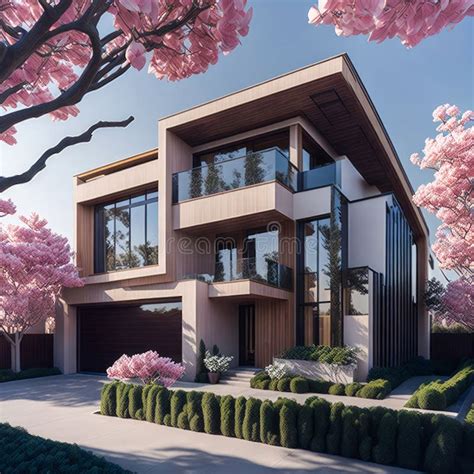 Newly Constructed Contemporary Home Under Bright Sky With Cherry Trees