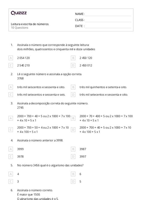 Composição E Decomposição De Números Imprimível 3ª Série Planilhas Quizizz