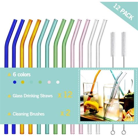 Reusable Bent Glass Drinking Straws Set Of 12 Bent Straws With 4 Cleaning Brushes Shatter