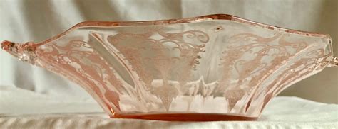 Antique Blush Pink Depression Glass Octagonal Shaped Serving Bowl With Scrolled Handles In A