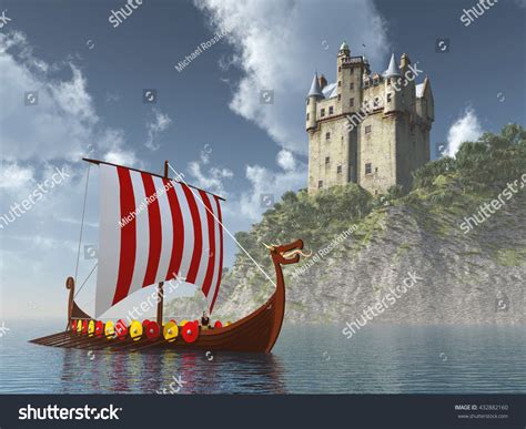 Scottish Castle By Sea Viking Ship Stock Illustration 432882160 ...