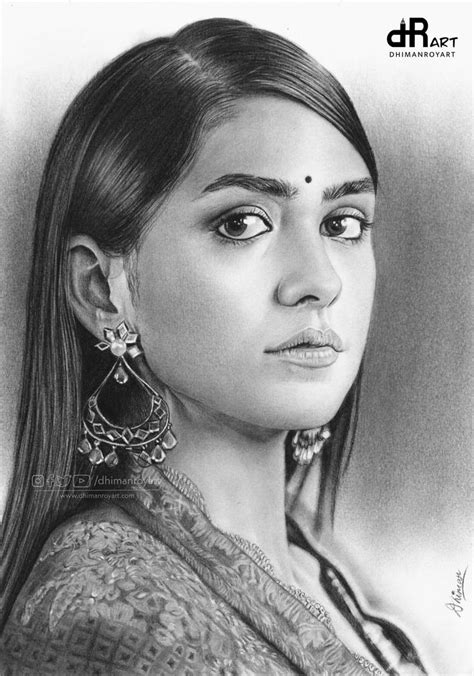 Mrunal Thakur Realistic Pencil And Charcoal Portrait Portrait