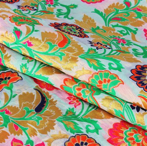 Buy White Pink And Golden Floral Banarasi Silk Fabric For Best Price