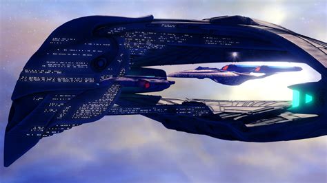 Federation Defiant Class Warship And Sovereign Class Cruiser Escorting A Romulan Dderidex Class