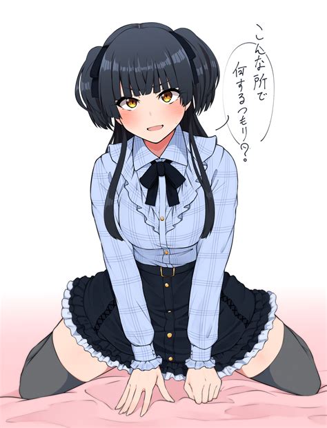 Safebooru Girl Bangs Bed Sheet Black Hair Black Skirt Blue Shirt