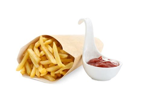 Tasty French Fries with Ketchup Isolated on White Stock Image - Image ...