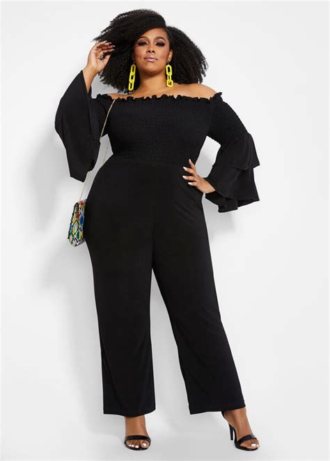 Plus Size Smocked Flare Sleeve Off The Shoulder Wide Leg Jumpsuit