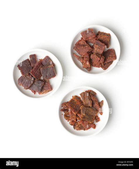 Beef Jerky Pieces Isolated On White Background Marinated Dried Meat