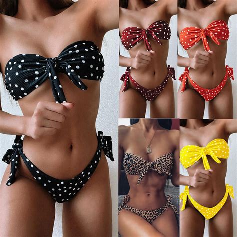 Sexy Push Up Bikinis Women Swimwear Polka Dot Bandeau Bikini Bowknot