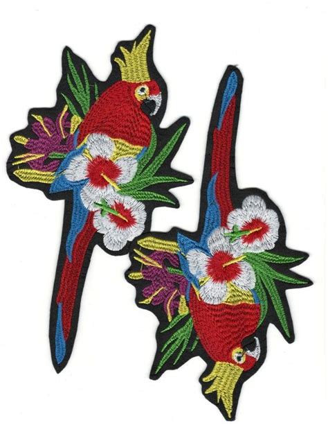 Big Set Red Twin Parrots With Flowers Back Embroidery Patches Big Set