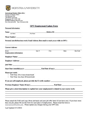 Fillable Online Hofstra OPT Employment Update Form Hofstra Edu Fax