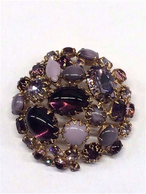 Vintage Schreiner Purples Cabochon Rhinestone Layered Domed Brooch