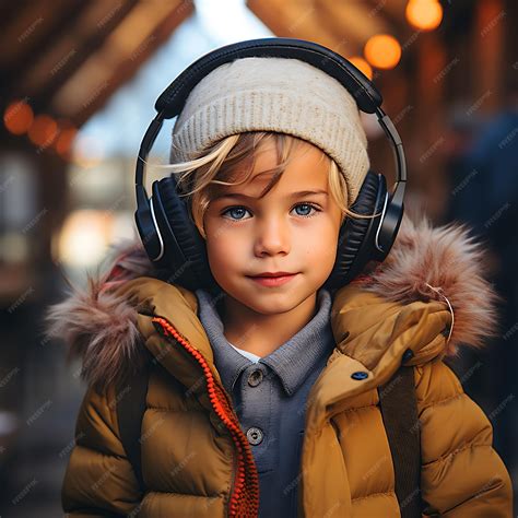 Premium AI Image | A Child Using Headphones Upbeat and Head Bobbing