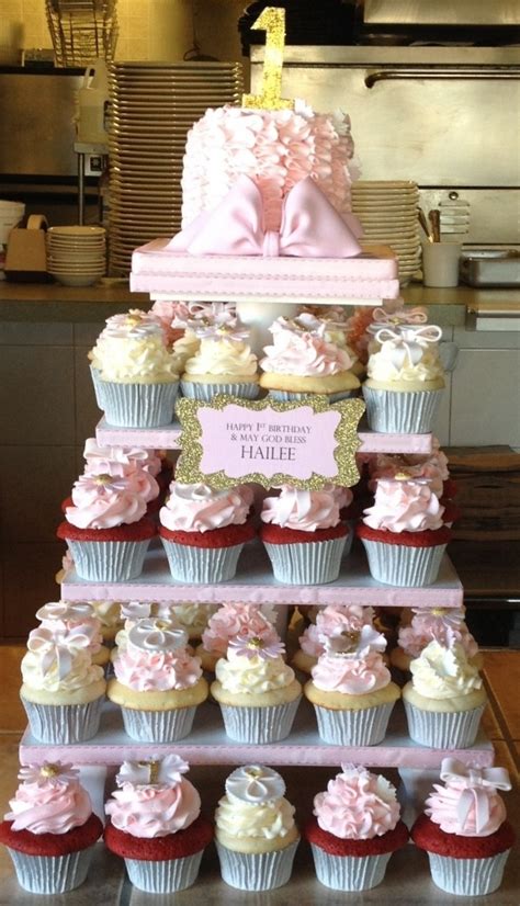 Pretty In Pink 1st Birthday Baptism Cupcake Tower — Cupcakes 1st Birthday Cupcakes Birthday