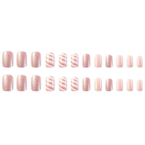 Uñas postizas cortas a presión de Navidad uñas acrílicas cuadradas color rosa nude uñas