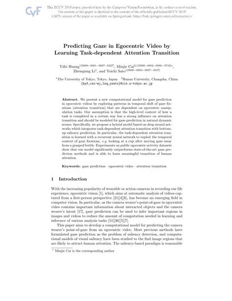 PDF Predicting Gaze In Egocentric Video By Learning Task