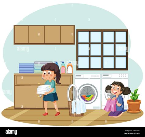 Kids Doing Laundry With Washing Machine Illustration Stock Vector Image