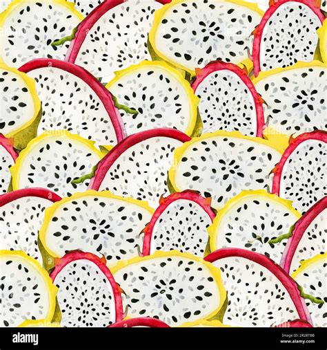 Dragon Fruit Slices Seamless Pattern With Watercolor Pink Red And