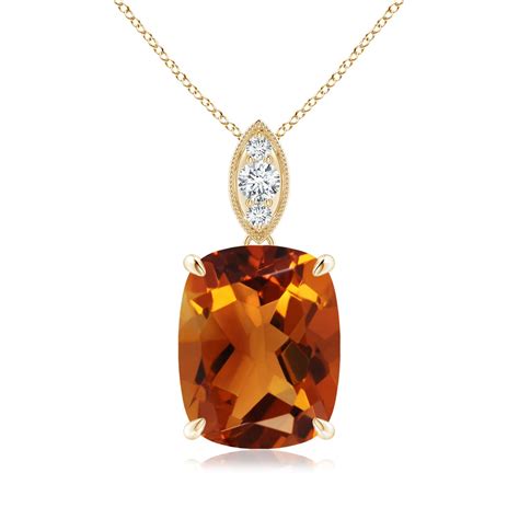 Cushion Citrine Pendant With Diamond Leaf Bale Angara