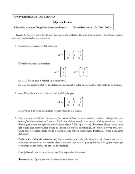 Teste Algebra Linear 2023 UNIVERSIDADE DO MINHO Algebra Linear