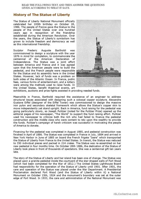 Third Grade Statue Of Liberty Comprehension Packet 3