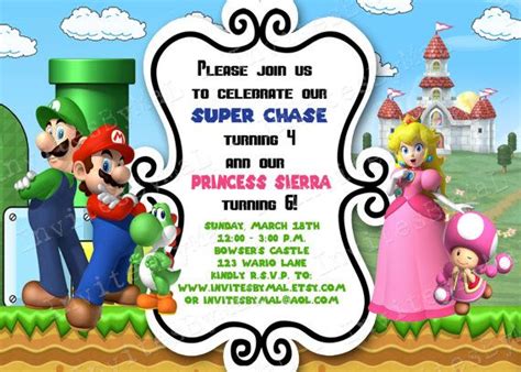 Super Mario Brothers And Princess Peach Birthday Invitation With Or W