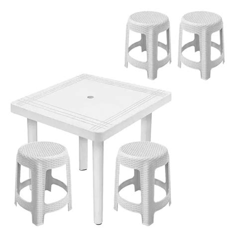 Kit Mesa Quadrada Desmontável C 4 Banquetas Rattan Branca