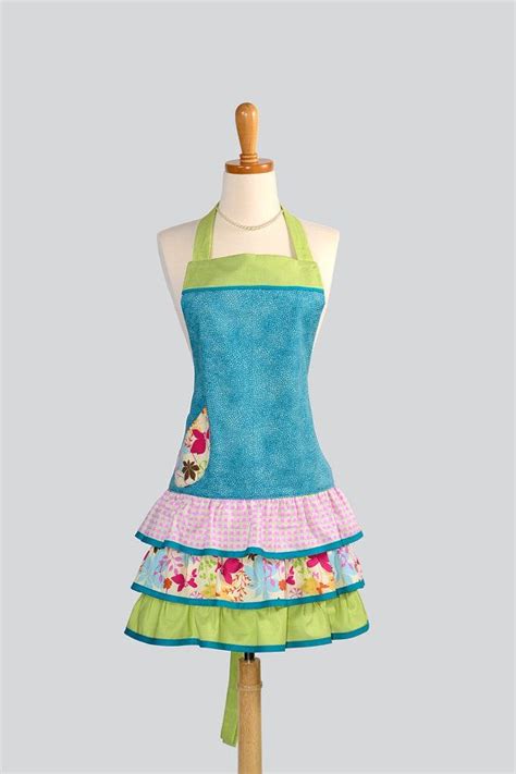 Ruffled Retro Apron Flirty Full Womens Apron In Teal Lime Etsy