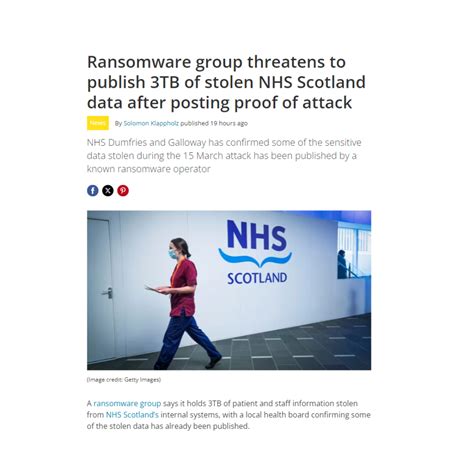 Ransomware Group Threatens To Publish 3tb Of Stolen Nhs Scotland Data