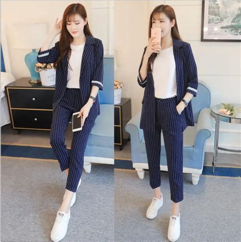 Fashion Pants Suits Women Single Button Half Sleeve Striped Blazer Coatankle Pants Blazers Set