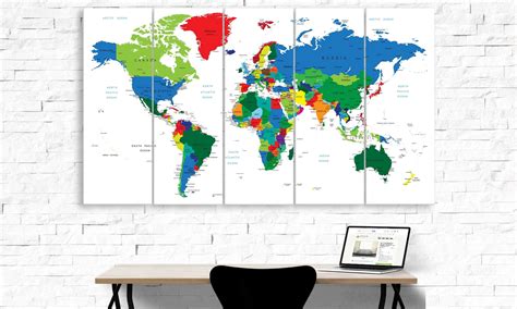 Colourful Travel World Map In White – World Map 5 Panel Canvas Art Wall ...