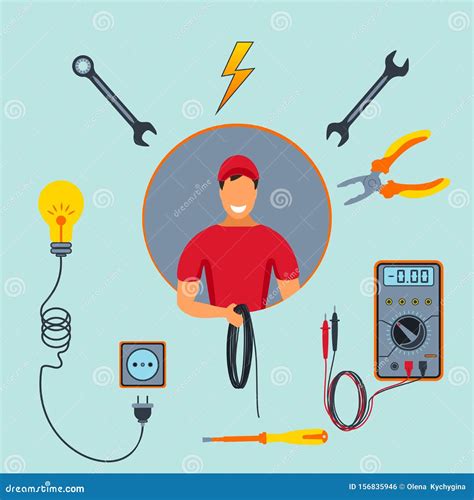 Electrical Service Electrician With Set Of Colorful Professional Tools