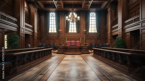 Vintage Courtroom Interior, grandeur of a traditional courtroom, with its rich wooden paneling ...