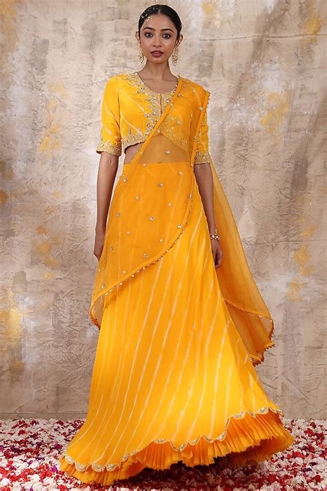 Yellow Amber Silk Embroidered Lehenga Set Design By Smriti By Anju