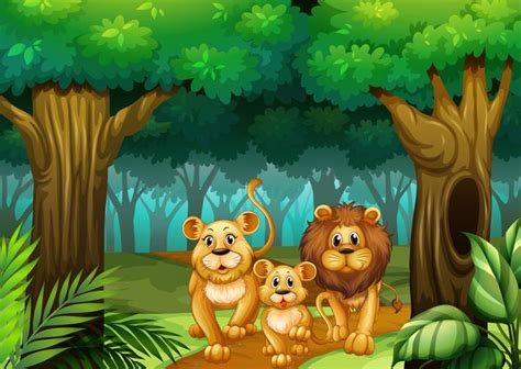 Lion family living in the forest 367813 Vector Art at Vecteezy