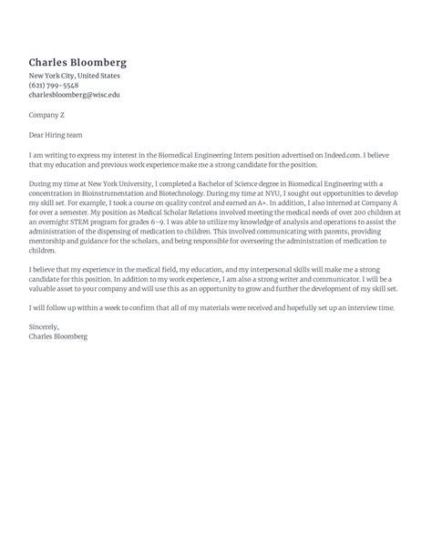 Free Biomedical Engineering Intern Cover Letter Sample Rezi