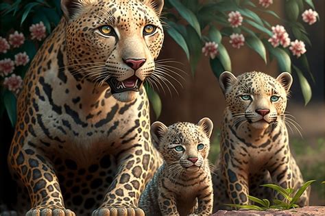 Premium Photo | A painting of a leopard family with a baby and a tree ...