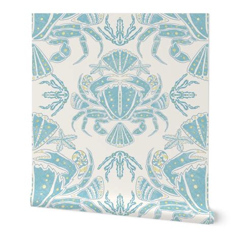 Coastal bathroom wallpaper with crab and Wallpaper | Spoonflower