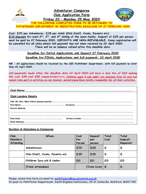 Fillable Online Adventurer Camporee Club Application Form Friday Fax