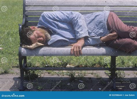 Homeless Man Sleeping On A Park Bench Los Angeles California