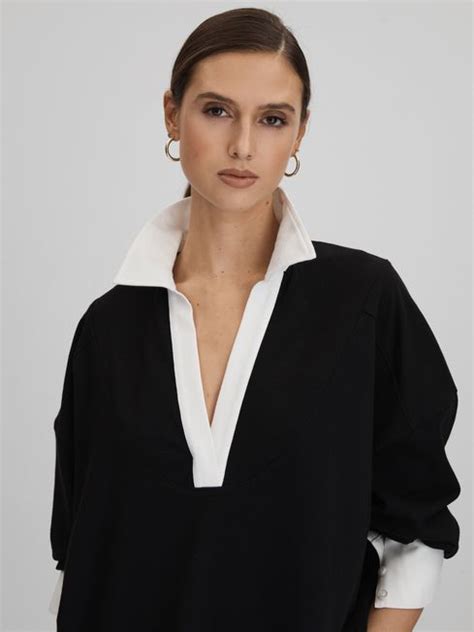 Oversized Cotton Open Collar Jumper In Black White REISS